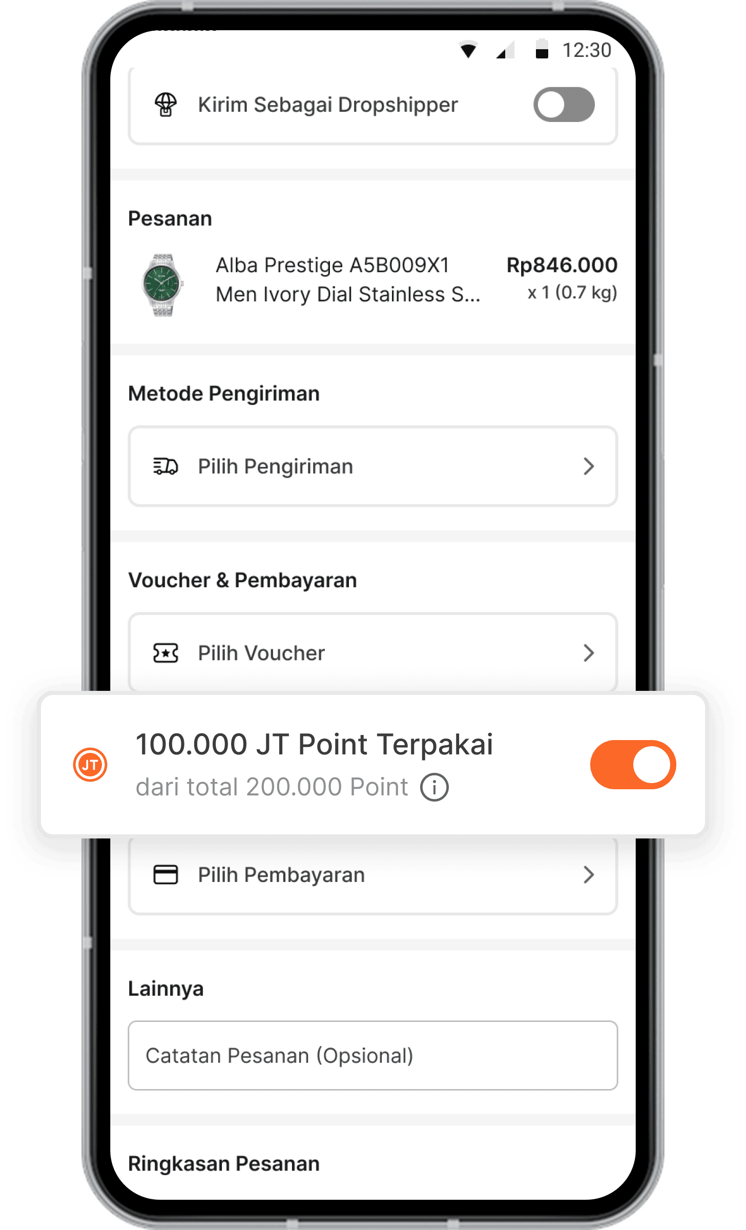 Aktifkan toggle JT Point saat checkout. Total JT point yang terpakai akan otomatis memotong nominal pesanan kamu.